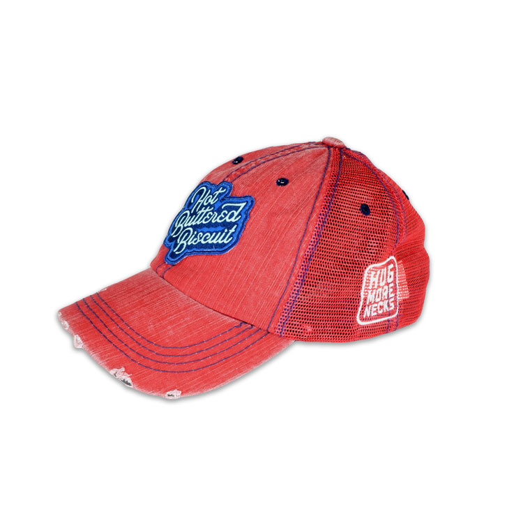 Red Distressed Ponytail Trucker Hat
